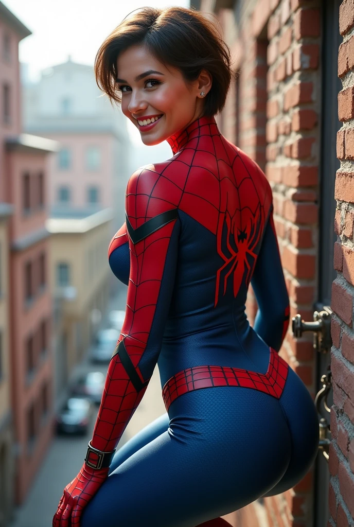 spider-man suit, 18 years old, sexy, (mini skirt:1.1), short hair with bangs, belt, deep neckline, cheeky smile, in new york, shot on dslr, detailed face, big hips, amazing body, amazing legs, cinematography, maximum details, neutral colors, hdr, muted colors, soft cinematic light, insane details, intricate details, hyperdetailed, erected, ass, panties