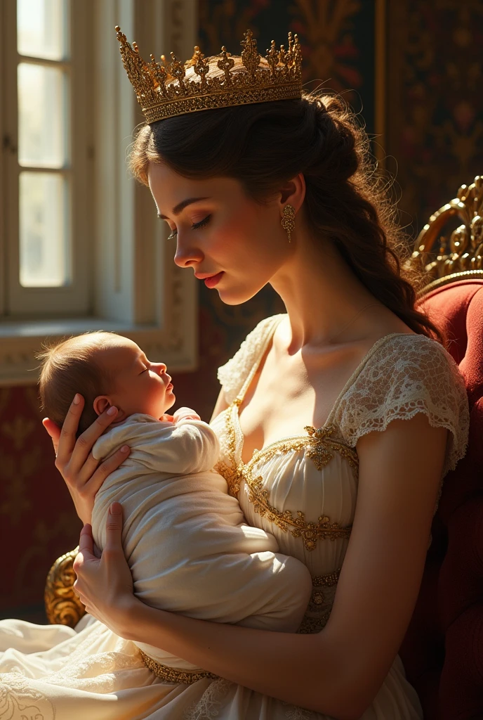Paintings of the Belle Époque period、top-quality、​masterpiece、1girll、Dresses of the Rococo era、huge-breasted、Woman holding baby、Noble lady、French cityscape、Marie Antoinette、Lady、