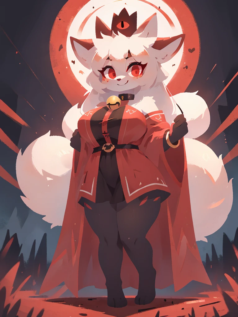 a detailed 5 tailed white and red female kitsune with a black crown, large breasts, thighs and ass, red patterns on the body, red swirls on the thighs, red tipped ears, pretty red eyes, white and red fur tufts, wearing a red and white fleece that covers her full body, looking at viewer, smiling, standing in her cult with people in her cult in her background, wearing a black and red bracelet on the left arm, 2D art, cult leader, 4k, detailed, hi res, absurd res, collar with bell, white body