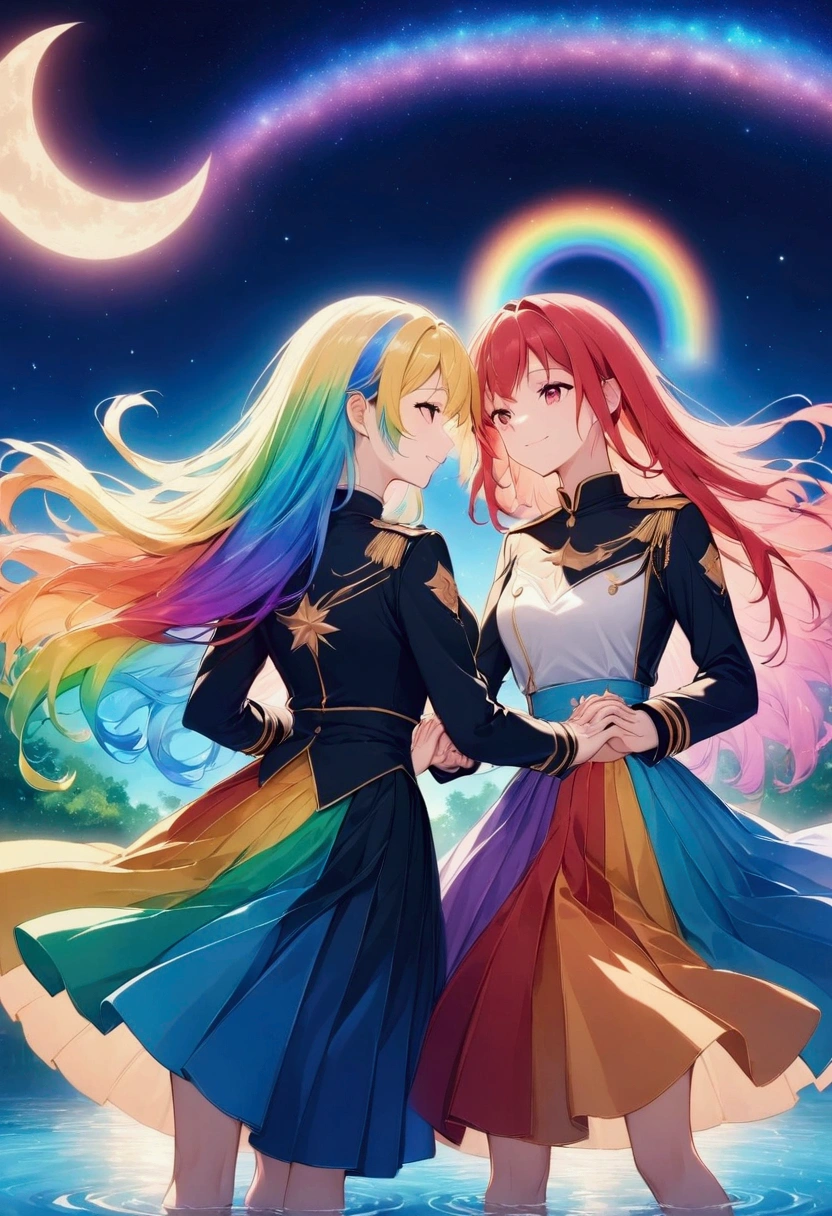 Two women with their backs turned,Holding hands,Rainbow Hair,Long Hair,uniform,The colors of the two skirts are symmetrical, magical sky,黄色いstar,night,forest,water surface　smile,dance,moon,star,Draw your sword　Catch the wind　autumn