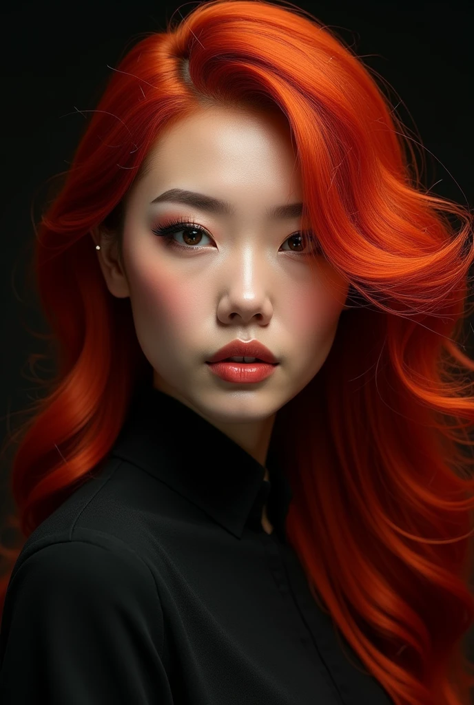 Busty Korean woman posing with her legs spread、Heavy makeup、Beautiful Face、Red hair K-Pop Idols