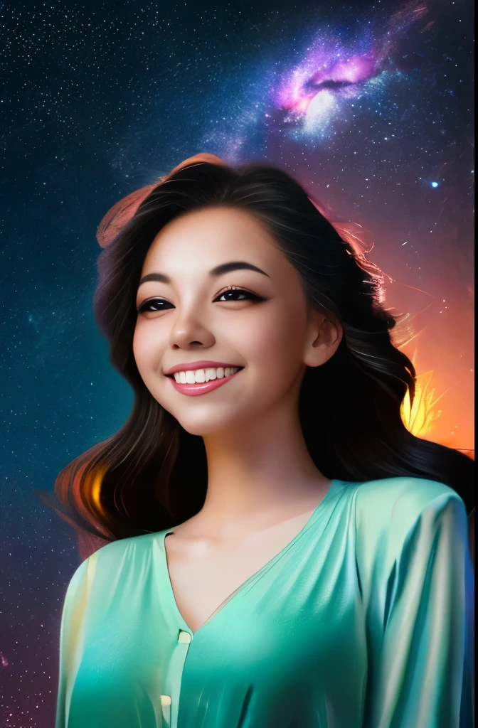 High detail, super detail, super high resolution, girl enjoying her time in the dream galaxy, surrounded by stars, warm light sprinkled on her, background is starry sky with colorful galaxies and galaxy clouds, stars flying around her, delicate face, adding playful atmosphere 