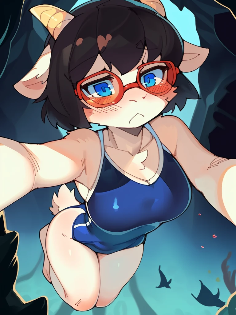 furry, fur, tail, anthro female, female furry, ((detailed fur)), ((detailed shading)), ((beautiful render art), by wamudraws, detailed fur, best quality, HD, upper body, 1girl, solo, goat girl, white body, goat horns, black hair, short hair, red glasses, blue eyes, white pupil, ocean, sea, sexy breasts, blue one-piece swimsuit, round eyewear, moaning, diving, old school swimsuit, underwater, cavern, cave, T46405, narrow, stuck, sad, panic, blush 