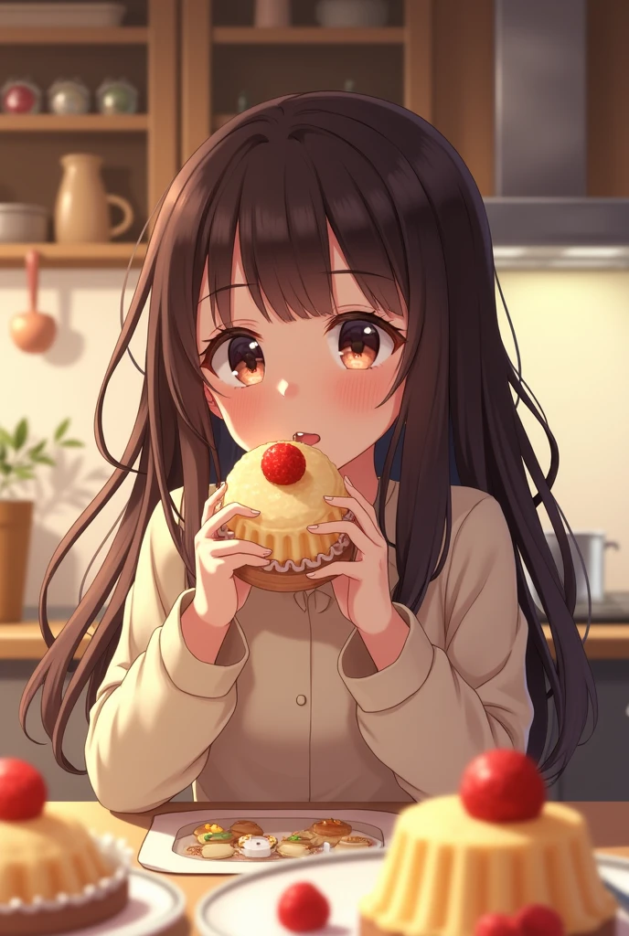 masterpiece, best quality,
1girl, solo, glasses, black hair, long hair, white ribbed sweater, happy, smile, looking at viewer, open mouth, solo focus, holding, 
mitarashidango, wagashi, food focus, food, still life, realistic, plate, simple background
 <lora:mitarashidango_SD15_V1:1>