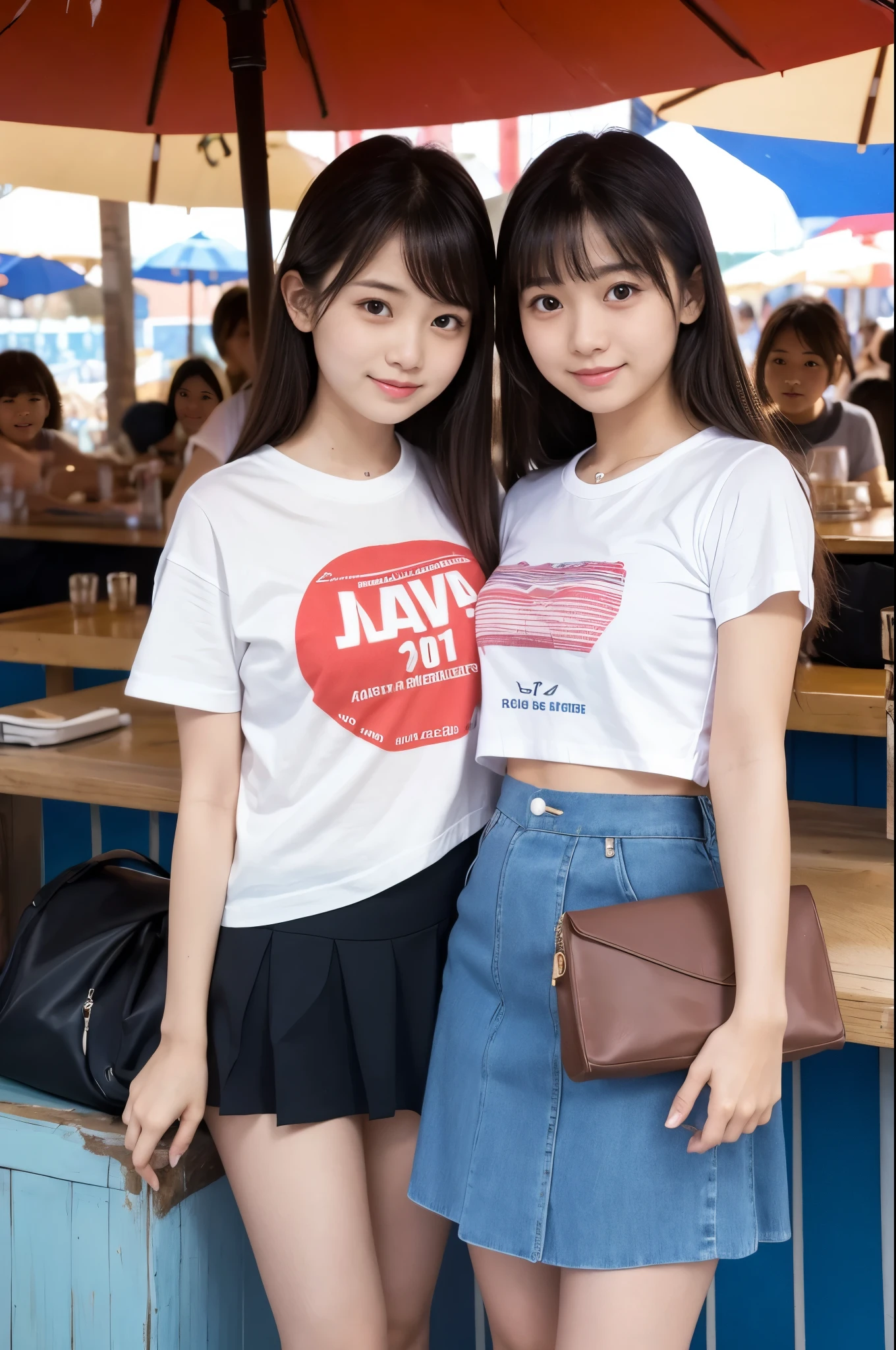 Two girls (21 years old, Japanese cute face) are wearing white Tshirts, mini skirt at the beach bar