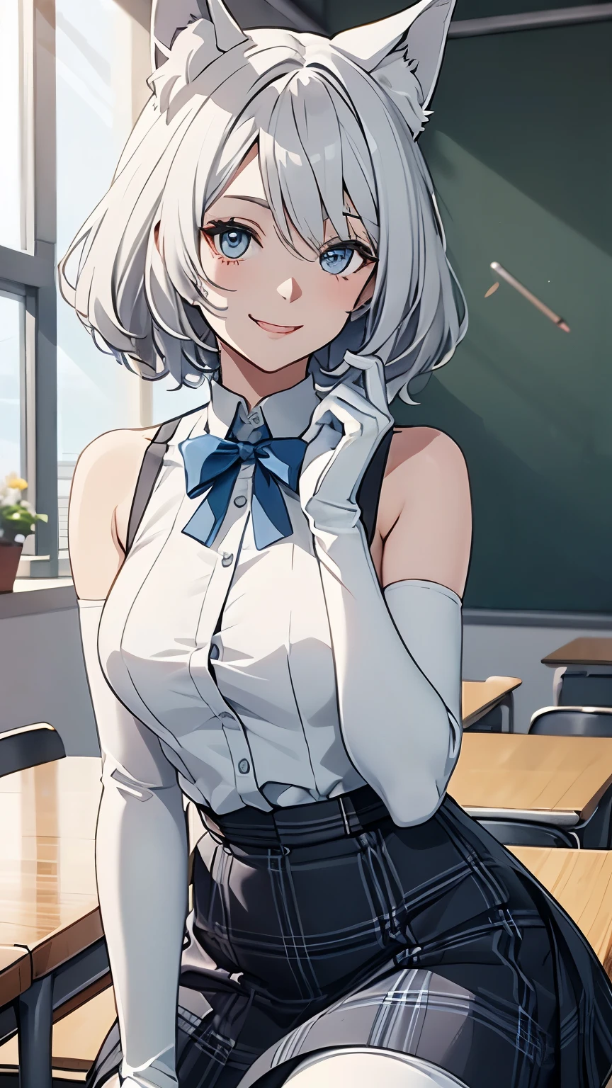 Tabletop　 Best image quality　wonderful　Attention to detail　One Young Woman（（Adult））Anime Style　White shirt（Sleeveless）　Light blue mini skirt（Plaid）　snow-white gloves（Elbow Gloves）　White Pantyhose　loafers　White wolf ears　short hair（（Shortcuts）（Gray Hair）（Curly Hair）（fluffy））　smile（Happy）　Eye color is blue　background（classroom）　　