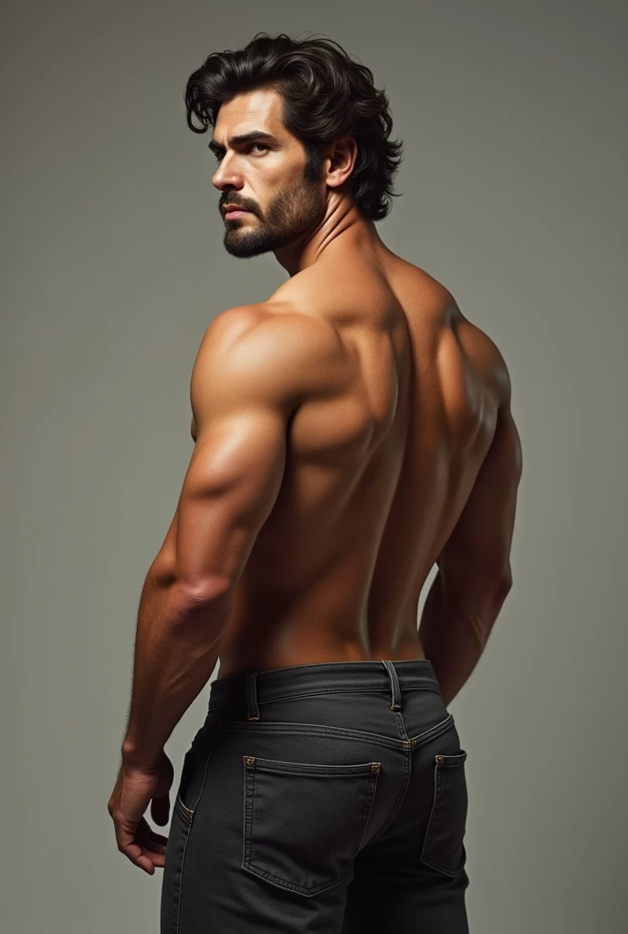 obra maestra, Mejor calidad, high resolution, primer retrato, enfoque masculino, enfocarse solo, un hombre, 40 years old, with Obrero uniform, Obrero, pelo gris plateado, peinado desordenado, cara linda y seductora, Pecho desnudo, el vello corporal, vello facial, nariz romana, cuerpo muy delgado, Piernas peludas, hoyuelos, barba, bold jaw , in the background a construction site, HDR, ultra calidad, elegant, muy detallado, cuerpo completo, sin camisa y de espaldas. Hombre naked con jeans. Backside same model