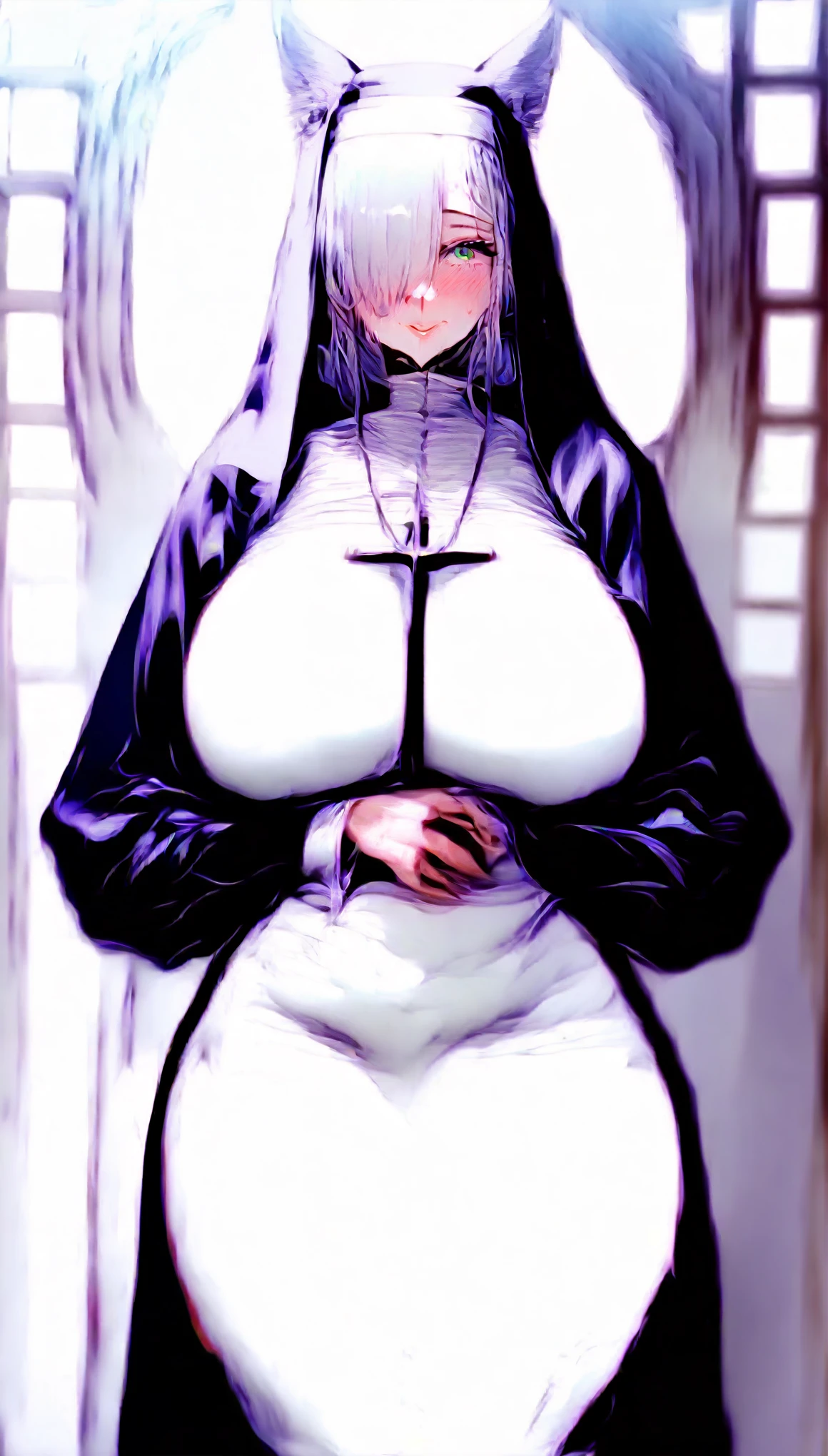 White color hair，Striped hair, french braid, mismatched pupils, Chiaroscuro, back lit lighting, Gothic art, 16k, Best quality, Anatomically correct, High details，lewd nun，(huge tit)，cleavage，White panty hose，(Pubic bone)，Cocked buttocks，(Two girls)，(Chains)，leg loops，(grin)，(Thick pubic hair)，(lewd nun)