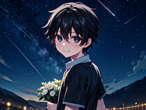 1 boy, he have bouquet, Night view, shooting star, Black short hair, He is wearing a grey shirt, He smiles gently
