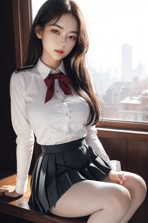 ((Female student kneeling in front of the bed ))，Charming eyes，Heartwarming action，Turn your face away from the camera，stooped，Bend over，turn back，Look up at your head，thick and long black hair，Highly detailed body，Highly detailed face，best qualtiy、(P boobs iNK underwear),(High School Girls),((White Blazer、emblem on breasts))、((Translucent blouse)),((red bowtie)),((navy check flare skirt)),(Black stockings)、((Outside the window, Hazy skyscrapers))