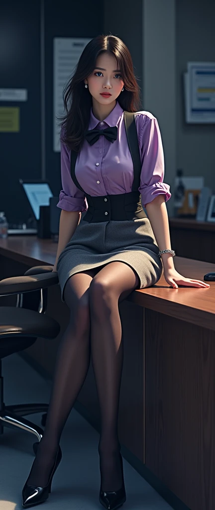 POV from above, pantyhose, missionary position POV, Teacher long wavy dark hair with bangs laying on her desk with legs open wide looking up, sexy outfit, skirt is pulled up around her waist and exposes her sheer high gloss pantyhose, her shaved vagina is visible through her sheer pantyhose crotch (can see the pink inside of her vagina through her sheer pantyhose, her crotch is wet), her pronounce pantyhose cameltoe, visible pantyhose gusset, see her entire vagina pantyhose cameltoe, tip of penis just barley touches her asshole the is visible through her pantyhose, cute pantyhose soles of feet, POV clothed male student grabs her by her hips, classroom, teachers desk, UHD, ultra high res.photorealistic:1.4, she lays on desk with legs open with a penis in each of her hands, 2 handjobs, she jerks off 2 dicks