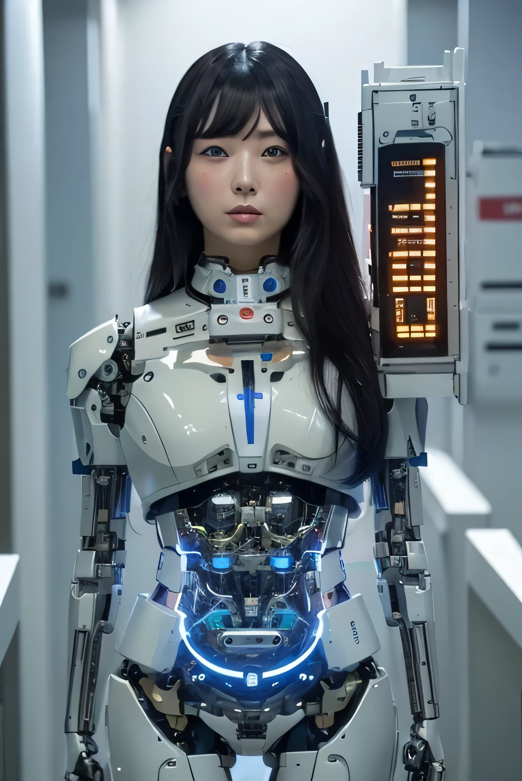 masterpiece, best quality, extremely detailed, Japaese android girl,Plump , control panels,android,Droid,Mechanical Hand, Robot arms and legs, Black Robot Parts,Black hair,Mechanical body,Blunt bangs,White robotics parts,perfect robot girl,future information counter,reception,long tube,thick cable connected her neck,ceramic body ,mechanical body,mechanical costume,android,robot,humanoid,cyborg,information office,japanese android receptionist ,mechanical chest,blue eyes,office-lady