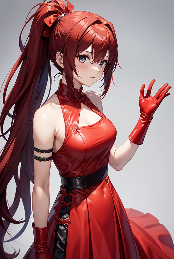 top-quality、hight resolution,  (figure skating red dress costume woman)、Slender Line、Looks like a model, Skating Ring、Photo 1 seen from below:1、Red panties、Blonde ponytail、full of sweat、Dripping sweat、