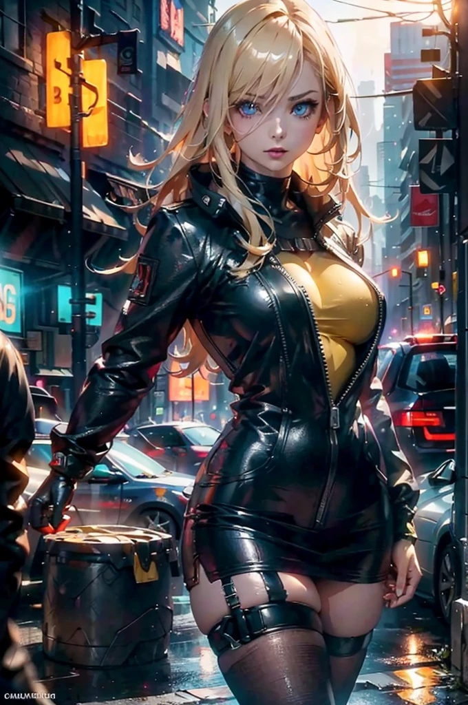 Best Quority，a masterpiece of，Super-High Resolution，cyberpunk backgrouns，piercingeyes，1个Giant Breast Girl，blonde with blue eyes，looking looking at viewer，length hair，Light makeup，res lips，Translucent leather clothing，Translucent thong，Get wet，Perfect beauty，Bare back，Stand sideways，Gantz animated leather jacket