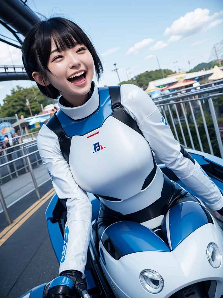 Japanese female android,Black Hair,White and blue robot suit,Plump,amusement park,Riding the Ferris wheel,smile