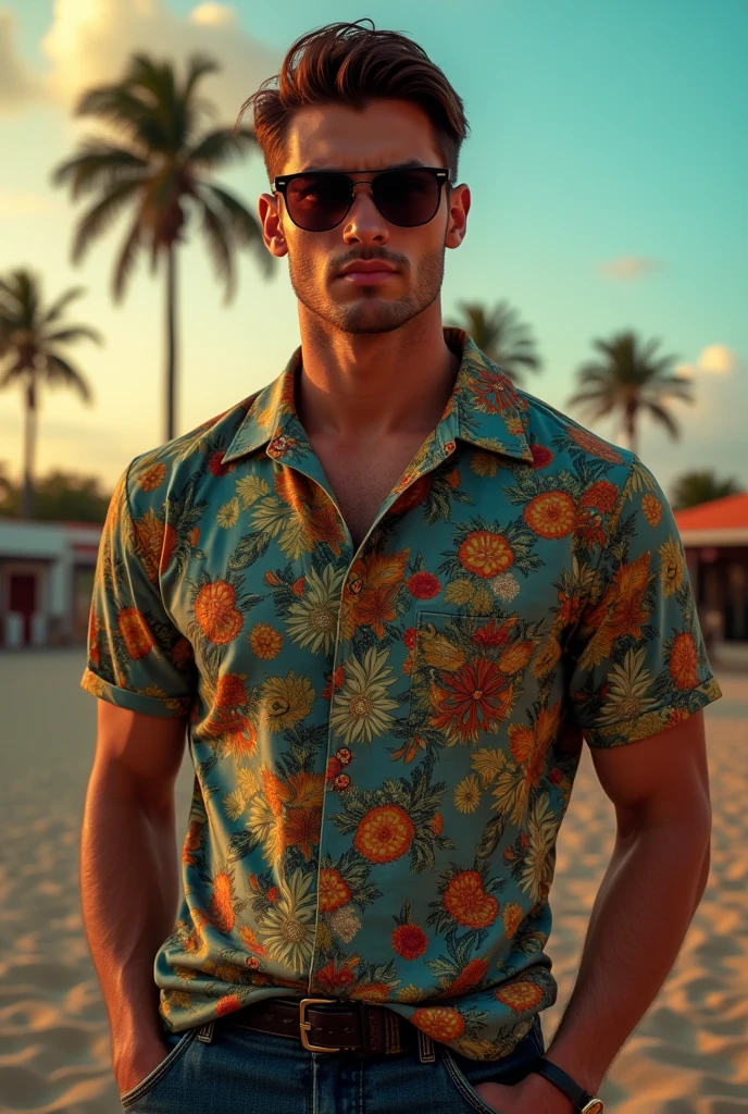 A man with a height of 195 cm and a semi-built body, with a beautiful jaw angle and green eyes, wearing a Hawaiian shirt
and loose pants Photo of the whole body