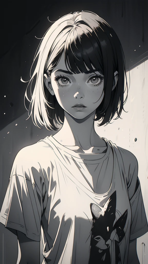 1 boyish girl, solo, sharp eyes, monochrome, greyscale, shoulder length black bangs hair, portrait, (blank normal white T-shirt), Thin eyebrows, closed mouth, looking at viewer, detailed lips, hatching \(texture\), without makeup, upper body, (best illustration), (best quality), (very detailed), (masterpiece), expressionless,