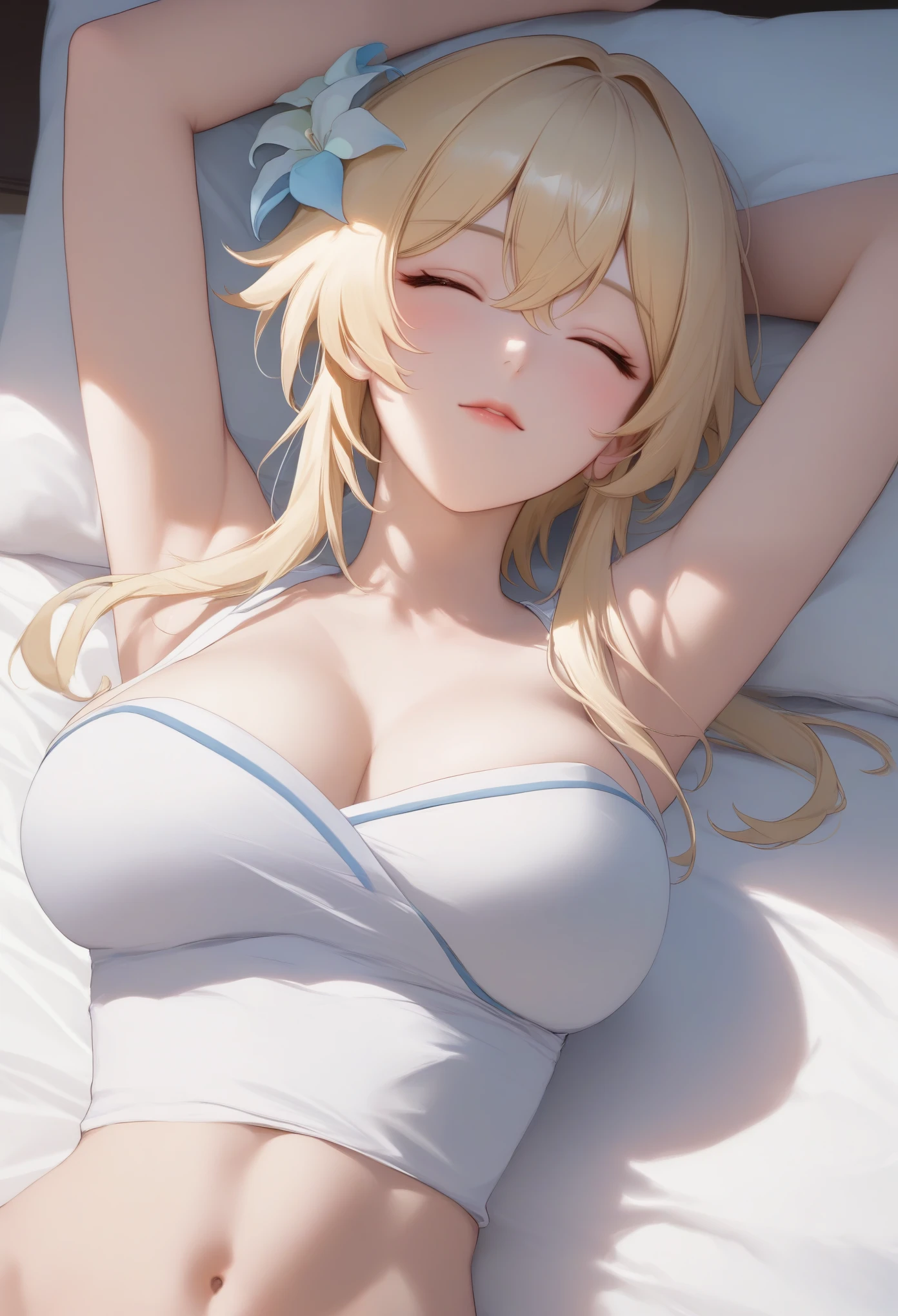 score_9, score_8_up, score_7_up, high quality ,masterpiece ,best quality ,rate_questionable ,Lying face up on the bed,In the bedroom,girl　,Cute Face, closed eyes , 手でシーツを掴む  ,large breast ,blond hair ,Beautiful Skin, character_Lumine_Genshin Impact ,汗をかいている