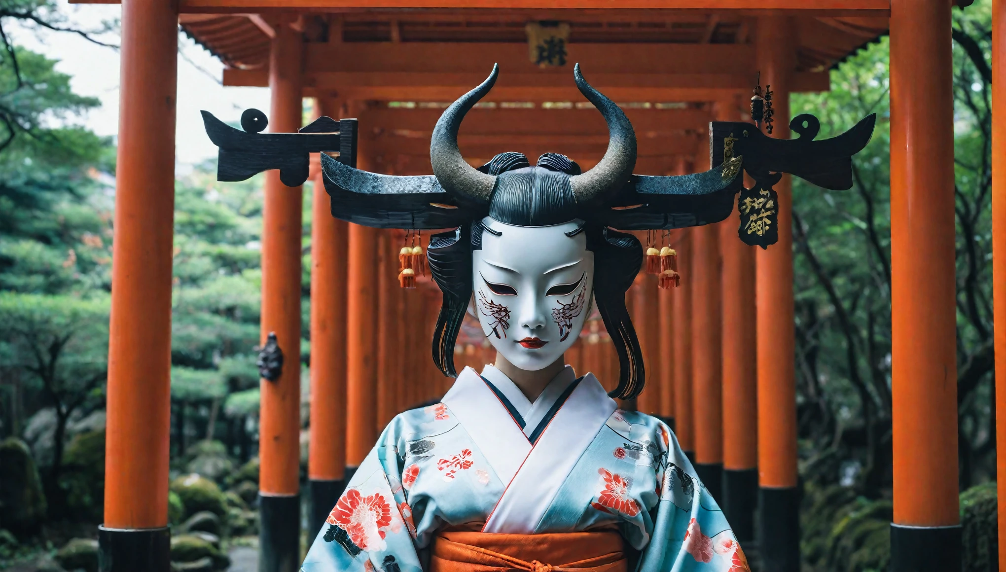 Earrings、hair ornaments、An image of a female android with demon horns wearing a kimono dress stalking a Kyoto shrine has been created。The style is also terrible.、人間とrobotの融合は美しさの中に神秘的でSpooky atmosphereがある。Torii gate in the background、There is a shrine in Kyoto。機械でできたLong neckを持ち、Wearing a mask。Imagine a strange and creepy picture - Al 9:16。 Spooky atmosphere、Fusion、Horror、Japanese cityscape、Long neck、robot、at 6