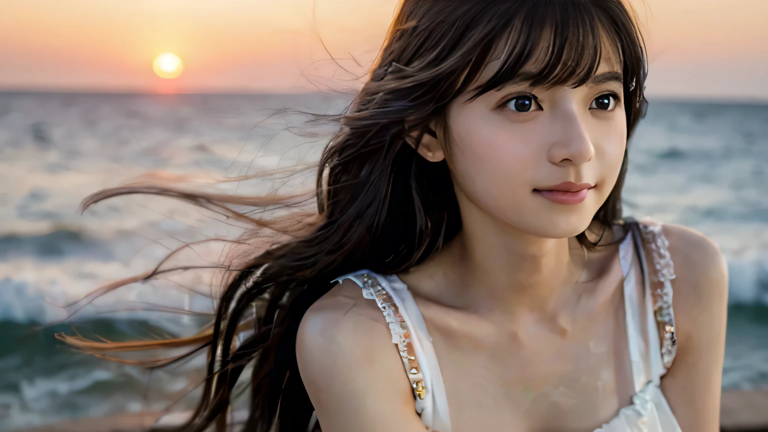 (Close up face shot of slender small-breasted red brown wavy long hair with dull bangs girl wearing a white summer dress:1.5)、(One girl is looking back and lonely smile with tears on the coast in Japan:1.5)、(Beautiful after sunset red sky with big red cloud:1.5)、(blurred background:1.5)、(Natural light:1.5)、(8k ultra detailed master piece:1.5)、(perfect anatomy:1.5)、(Photorealistic stick:1.5)、(Raw photo:1.3)、(highest quality:1.5)、(High resolution:1.3)、(Delicate and beautiful perfect face:1.3)、(Delicate and beautiful eye air skin:1.3)、(Real Human Skin:1.3)、((thin legs))