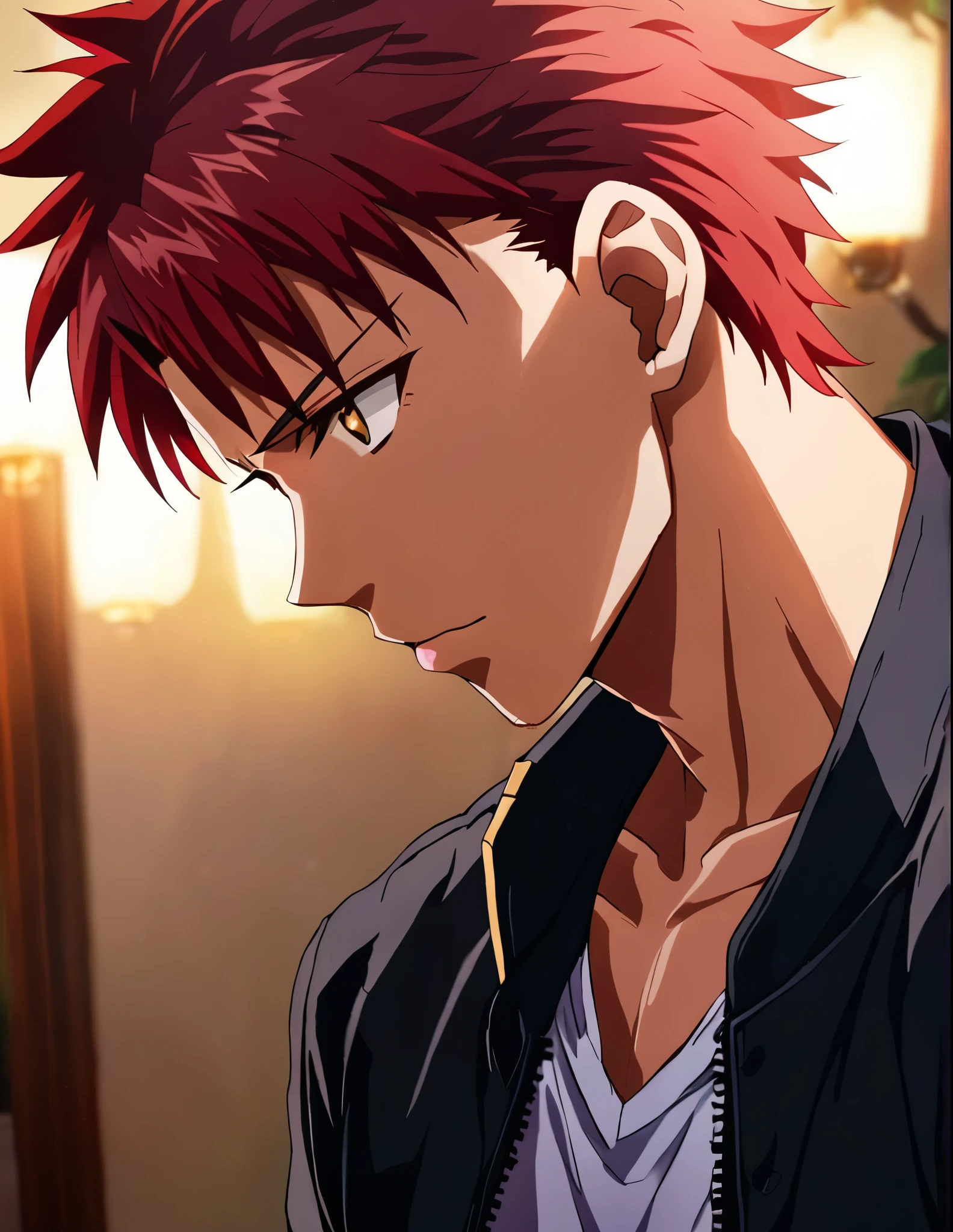 1boy, solo, redhead, Shirou Emiya, fate stay night, black pants, white shirt, black jacket, casual look, (best quality,4k,8k,highres,masterpiece:1.2),ultra-detailed ,intricate details,sharp focus,studio lighting,vibrant colors,dramatic lighting,cinematic composition