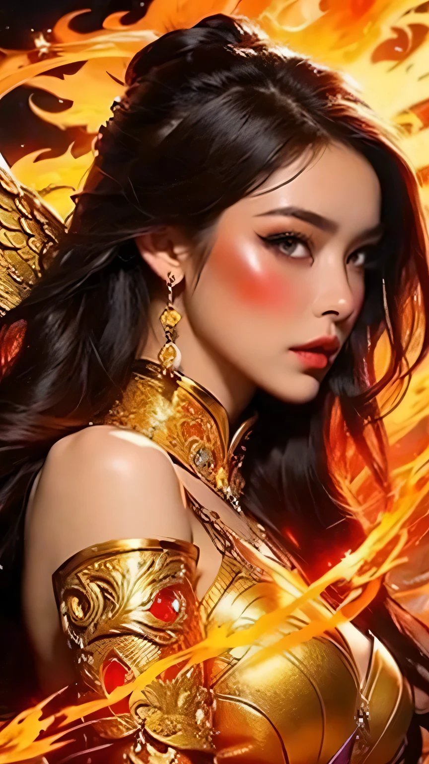 (((work of art, best qualityer: 1.2), A girl with phoenix wings standing in a ring of fire, beautiful and symmetrical face, with bright red eyes, phoenix, lotus flowers, red rose gold, gold mini underwear, Mountain sunrise to the bottom, Ancient porcelain buildings)),sexy and seductive look
