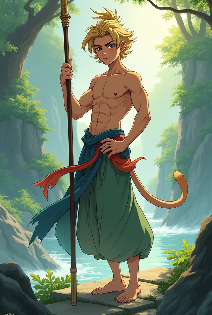 best quality,masterpiece,Ultra high detail,A handsome muscular fractal yellow hair elf druid prince, Short hair,topless,),(wearing yellow wardrobe with jewelry ),realistic, waterfalls background, light environment