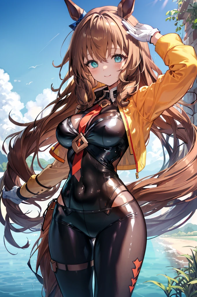 masterpiece, Highest quality:1.2), maruzensky(umamusume), One Woman, alone,Glowing Skin、Yellow Eyes、Eyes without highlights, ((blush)), Black Hair, Long Hair, Straight Hair, Thick legs、Are standing、Cowboy Shot、smile、((latex))、(Shiny black skirt, Skin-tight rubber suit, Zipper stretches from neck to crotch)、Shiny yellow tie, ((Glossy black jacket, Light-reflecting jacket)), Rubber gloves, pantyhose、