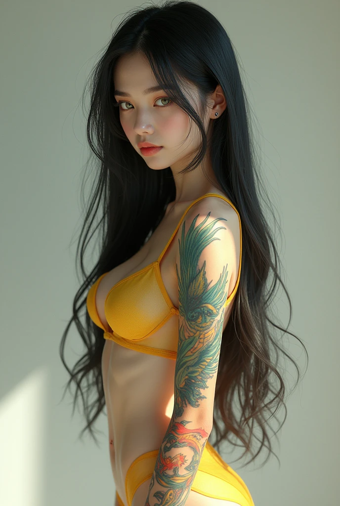Hyper-realistic hyper-realistic high-definition unreal Asian woman with curvy body in sensual position long black hair naughty smile tender naked look in the room looking out the window at the sun with red-green dragon tattoos all over her body
