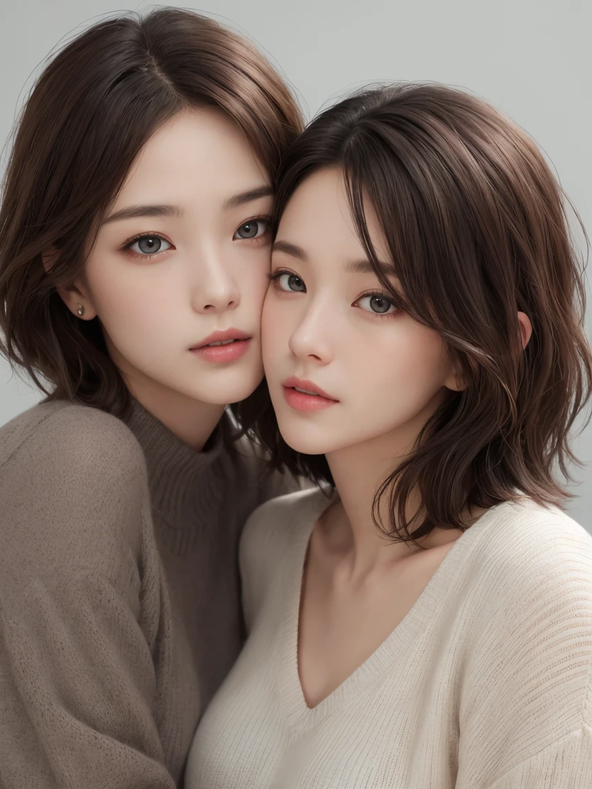 Japanese girl who looks like an 18-year-old Korean idol　The background is a white wall illuminated by natural light.　The hairstyle is a medium length retro wave style.　Hair color: natural brown with highlights