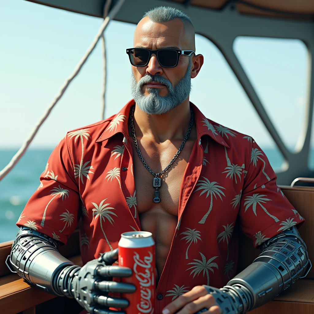 1 man,high resolution、Delicate depiction、(((Photorealistic depiction)))、(((Realistic depiction)))、Photographic depiction、Genuine、Reality、8k、male、35years old、Regent、Sideburns、Light blue hair、Thin fram sunglasses、Muscular、(((Both arms are cyborgs)))、open brests、(((Dark red aloha shirt with palm tree pattern)))、Bust Shot、On the ship、A big smile、(((not animation)))、Bikini pants、(((not comic)))、steampunk,have coke