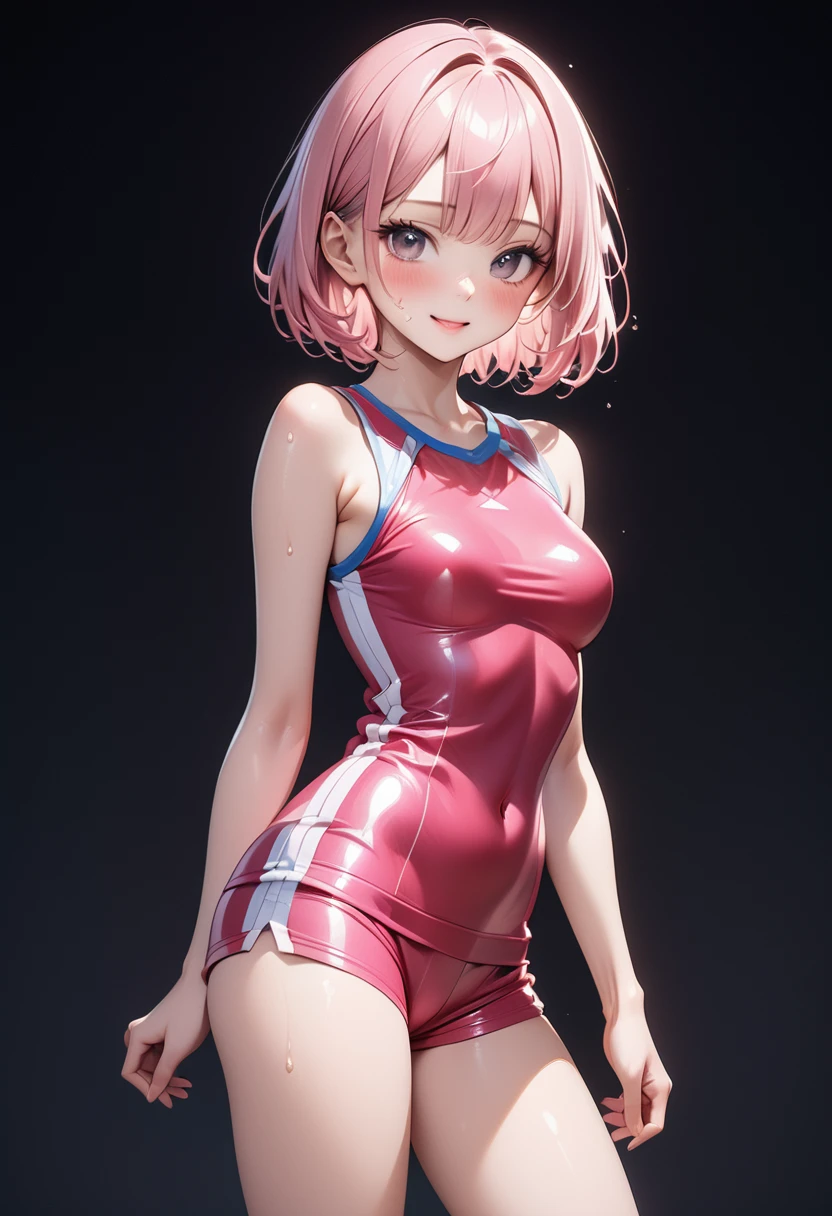 masterpiece, best quality,anime style, 1 girl,(((slender body))), (((small eyes))),(((athlete suit,glasses))), (beautiful face), (((short hair))), (((straight hair))), ((((pink hair)))),detailed beautiful skin, (perfect hands, perfect anatomy),scream