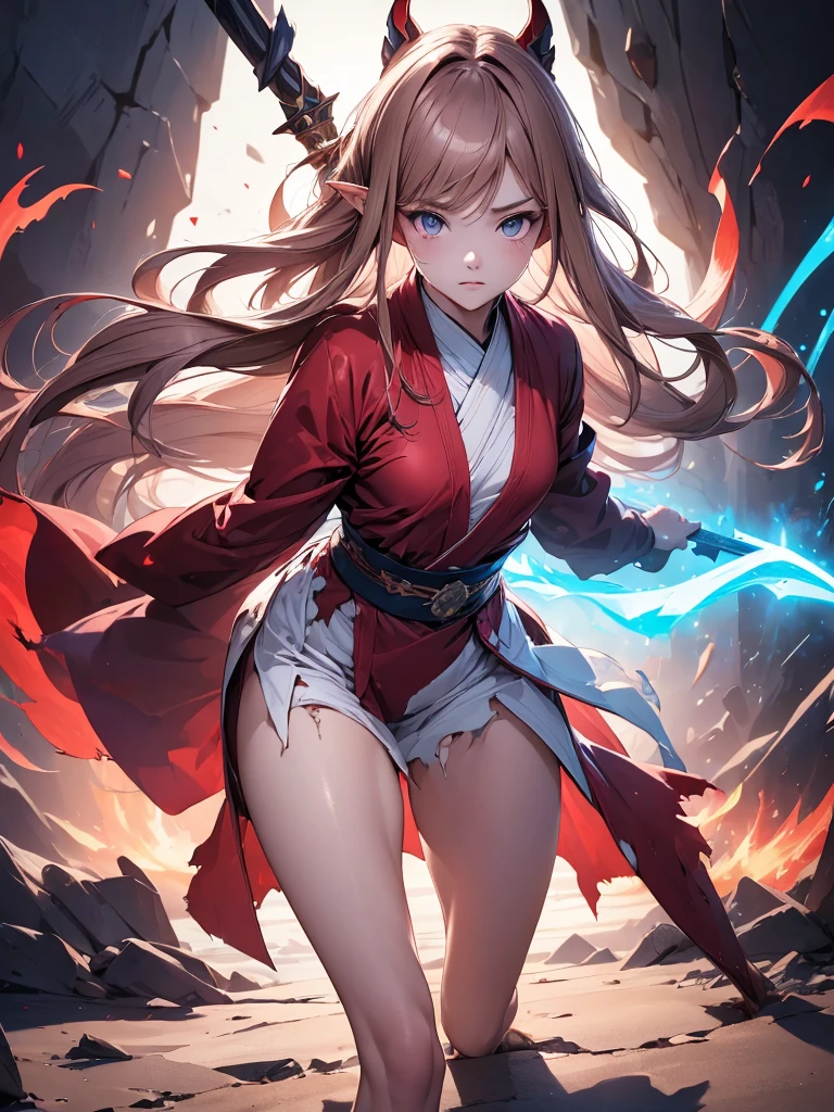 Kizi, in battle stance, standing backwards, a shiny katana (holding it by the handle), very long brown hair, blue colored eyes, skinny, short blue kimono, big-ass, white loincloth (I&#39;m in the shape of a t) with ropes, white lace thigh high stockings, cinematic light, Trees, waterfall, Chinese shrine, blue sky, white clouds,
