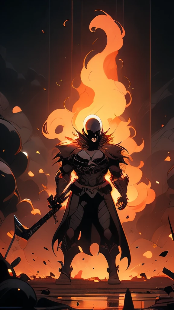 Body standing in ashes, (illustration style), skull face, olhando para cima, boca aberta, fogo saindo, fogo ao seu redor, a lot of fire mist,