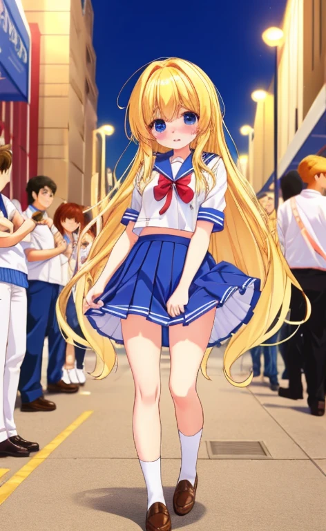 Beautiful long blonde　Girl in a sailor suit　Pleated skirt　mini skirt　Shyness　With tears in my eyes　Walking through a public square　full body　Being watched by the crowd　Walking with legs apart　skirt tug