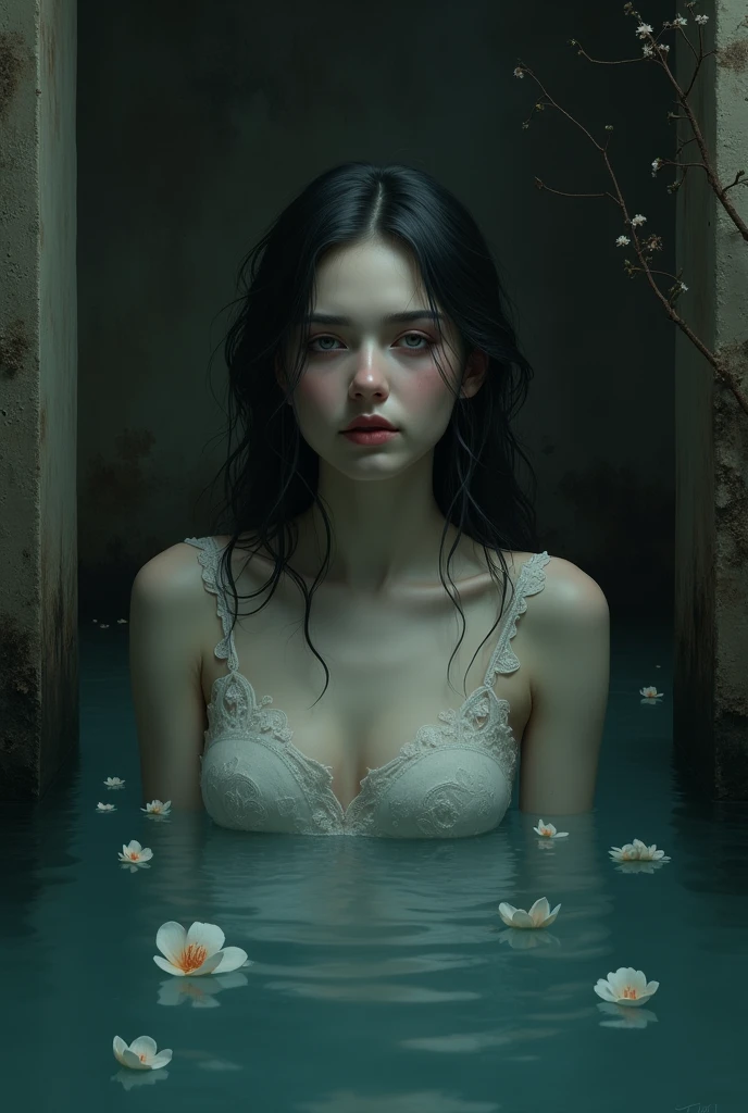 吸血鬼の女王はwaterの中にいる、One person, water色のレースの下着、water色のチュールスカートを履いている、water色の髪, Golden Eyes, Textured skin, Ultra high definition, Very detailed, Large Breasts, delicate facial expression cinematic light effects, fluorescence, Artistic, Various colors of light、無数のwater色の花びらが舞い散る、Countless flowers bloom in profusion、fluorescence, Realistic skin texture、Vampire、Attractive woman、maternal、Getting wet in the rain、Seven-Colored Rain、Have fair skin、Countless raindrops、Silver chain necklace、Angle from top to bottom、肌にwater滴がまとわりつく、waterに濡れた髪、Romantic、water、night、moonlight、Gold Light、waterで肌が濡れている、Godley, High resolution, accurate, Highest quality, 