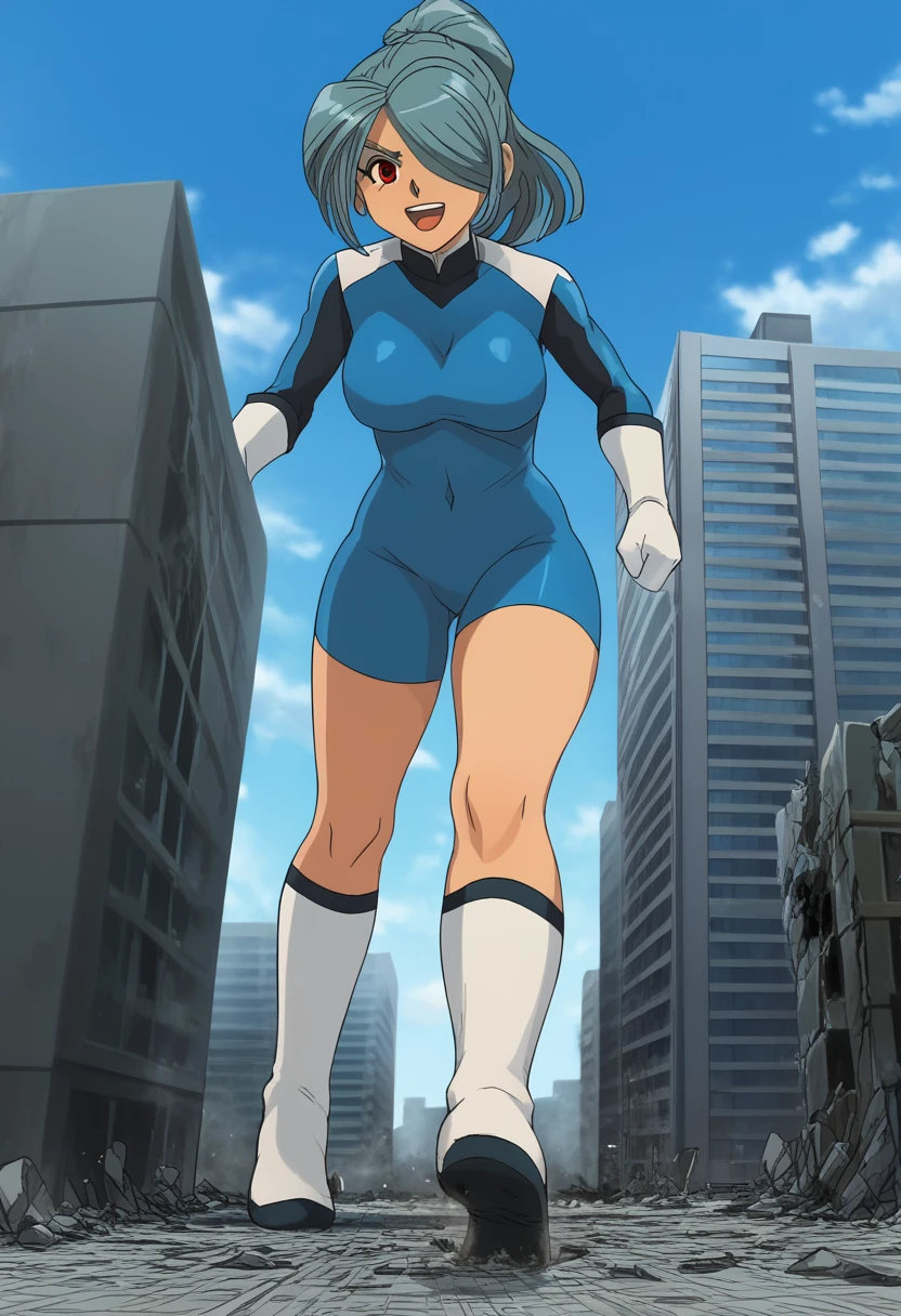 ultra-detailed, detailed face, detailed eyes, retro anime style, cartoon style, front view, dynamic effect, dynamic shot, 

athletic curvy physique, inverted body type, attractive feminine curves, big breasts, curvy legs and arms, feminine curvy figure, (thick thighs, thick calves, thick voluptuous legs, big curvy hip, bare knees), ((style of plump voluptuous body)), 

white gloves, gloves, bodysuit, dark emperors, boots,
light blue high ponytail hair, (one eye covered with bangs, red glowing eyes), 

1 beautiful giant boy, looking down with gallant smile, (running with destroying buildings, sprinting between buildings, leaning forward, stepping forward, put one foot forward, put one knee forward, put one leg forward, chasing small people around her feet), rampage, destroying city, destroying buildings, corrupted buildings, running with rolling rubble dust up, crushing building with his hand, crushing one small man with his foot, scattered rubble around his steps, towering, overwhelming, terrible, 

building size, nathan, gesugao, 