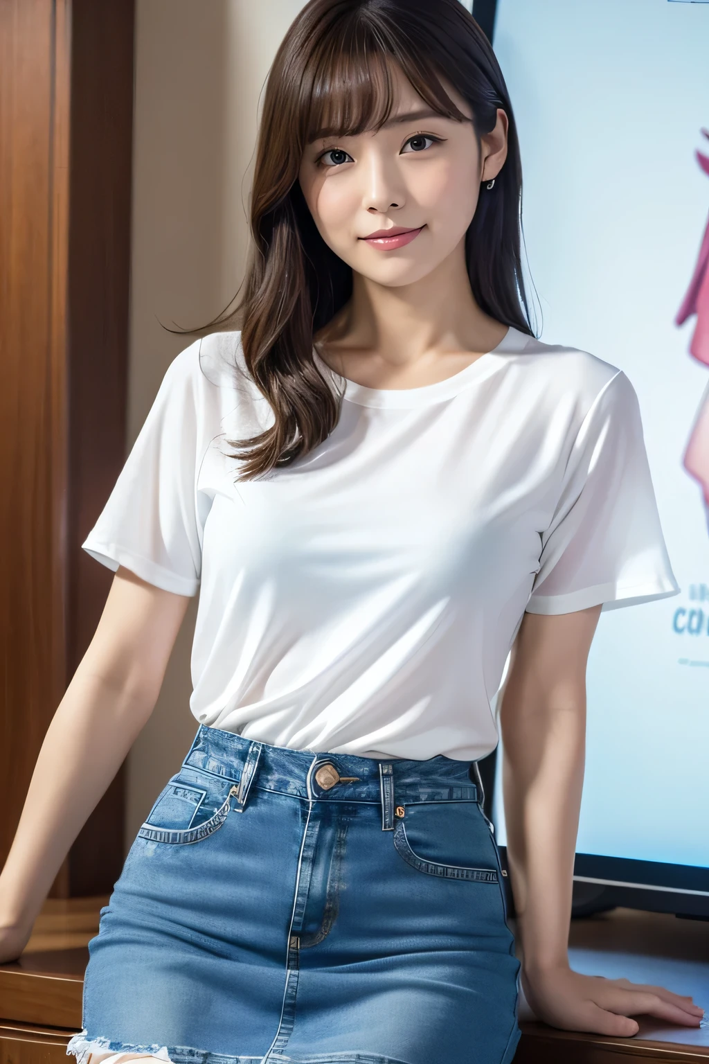 Medium Size Display, Medium Shot, Written boundary depth, Photograph the whole body, Movie angle,Action pose、masterpiece, Highest quality, Very detailed, CG, 8k wallpaper, Beautiful Face, Delicate eyes, Otome, alone, smile, cute、White T-shirt,Light Blue Denim Mini Skirt