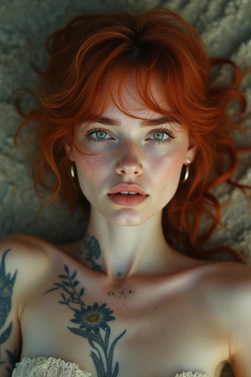 very detailed, 16K high resolution, incredibly detailed image, cinematic, best quality, masterpiece, realistic, detailed face, detailed background, mystical, dramatic lighting, A girl, 20 years old, she is alone, beautiful, natural red hair, straggly and messy wavy hair. Extremely detailed facial expressions with sharp and piercing green eyes. A delicate, slightly cheeky face, subtly made up. ((She is tattooed and pierced, large tubes in her ears.)), She has (very small breasts) and a slim figure, in good shape. Her height is about 1.70 meters. She wears a light, white, almost transparent tank top and bikini bottoms. She is lying on the beach sunbathing.