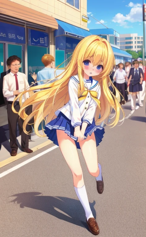 Beautiful long blonde　Girl in a sailor suit　Pleated skirt　mini skirt　Shyness　With tears in my eyes　Walking through a public square　full body　Being watched by the crowd　Walking with legs apart　skirt tug　Wind lift　White panties　blushing cheeks