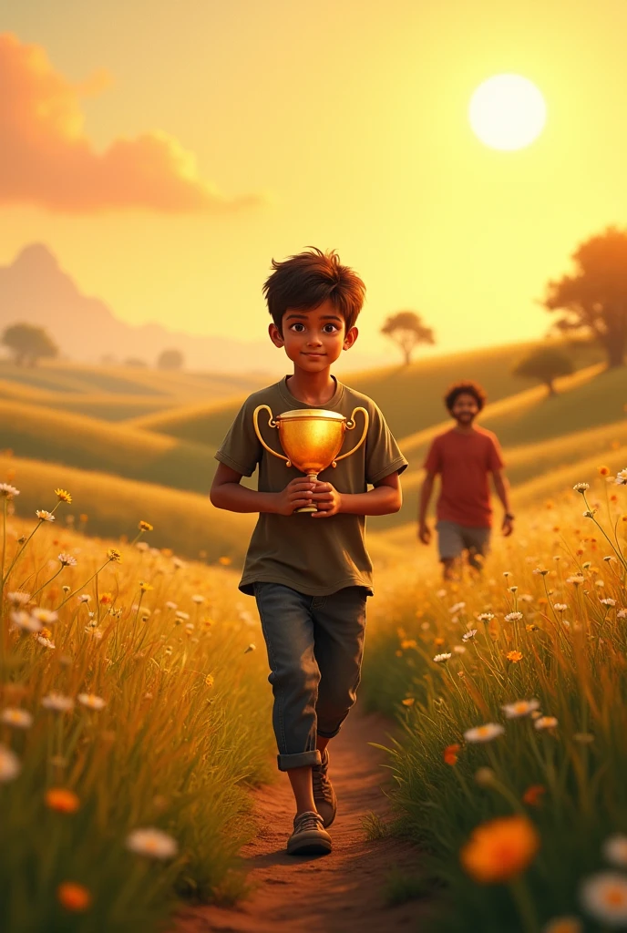 final scene showing Raju (age 13 year) walking back home through the fields, holding his trophy with pride. The sun is setting, casting a warm, golden glow over the fields. In the background, Sameer watches Raju with a thoughtful look, as if realizing something important.