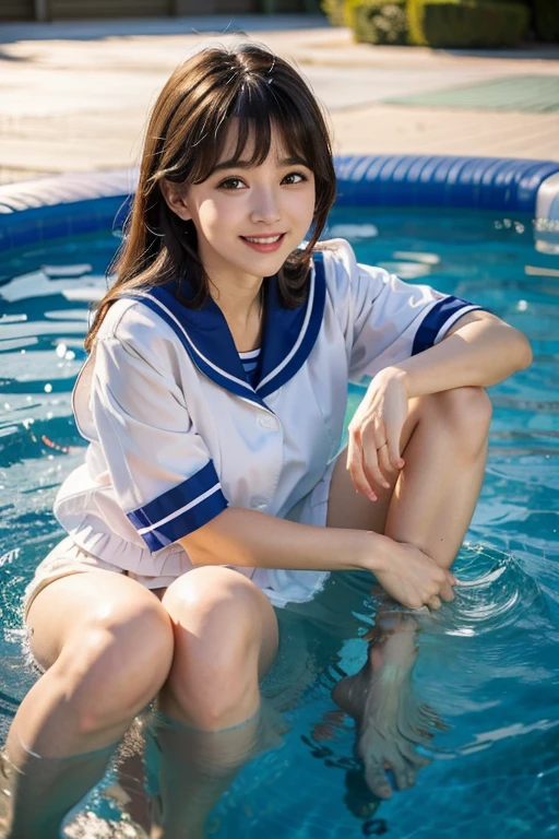 ((Highest quality)), ((masterpiece)), (detailed), One girl, sexy,
Big eyes、smile、Prone、Sailor suit、bangs、Pool、sunny