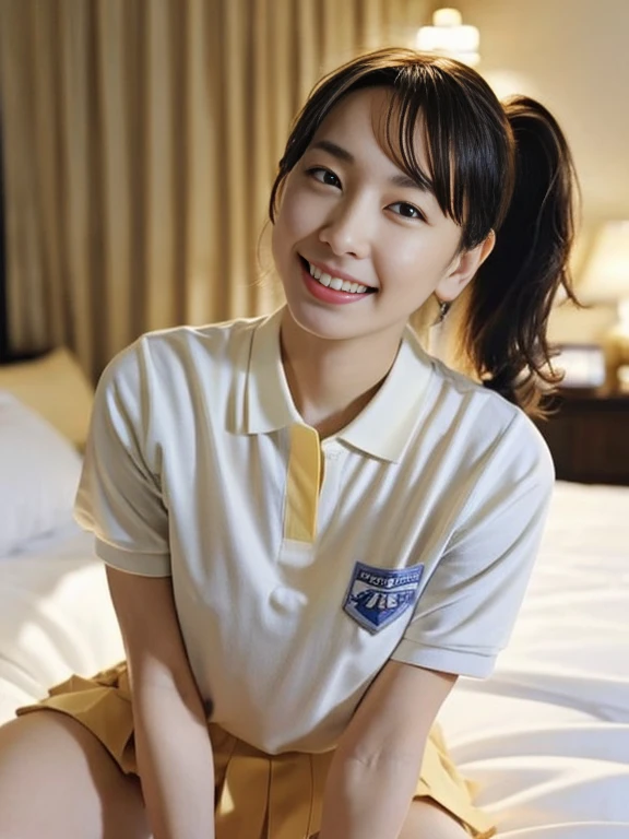 (Masterpiece, Best quality: 1.4), (Ultra realistic, Photo-realistic: 1.2), Full body, (kneeling: 1.3), Looking at viewer, Natural light, 28 years old actress, Japanese women, (arms behind back: 1.2), Neat and clean, ((Wearing white tennis uniform, White polo shirt with collar, Not buttoning the polo shirt, White pleated tennis skirt: 1.2)), (ponytail: 1.2), Light brown hair color, (Beautiful Face), Oval face, clear, (Beautiful eyes, Kind eyes), (Clear skin), Small face, (Small mouth, Beautiful mouth), Natural makeup, Approachable, Hotel Suite room,On bed, Seductive smile, Seductive pose, Beautiful thighs, Bedroom eyes, spread legs,