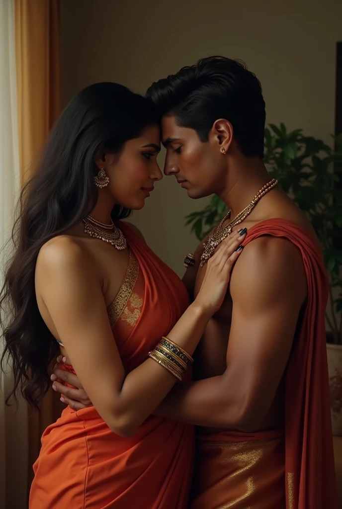 A man wear kurta touching Indian princess stomach with 1 Indian princess beautiful face with lipstick wear Indian short yellowlight dress full body pose in front of camera realistic masterpiece image. Princess show stomach long leg. Sexy cauple. Kissingand feel cool.Garden view. A man body muscular. Almost correct body