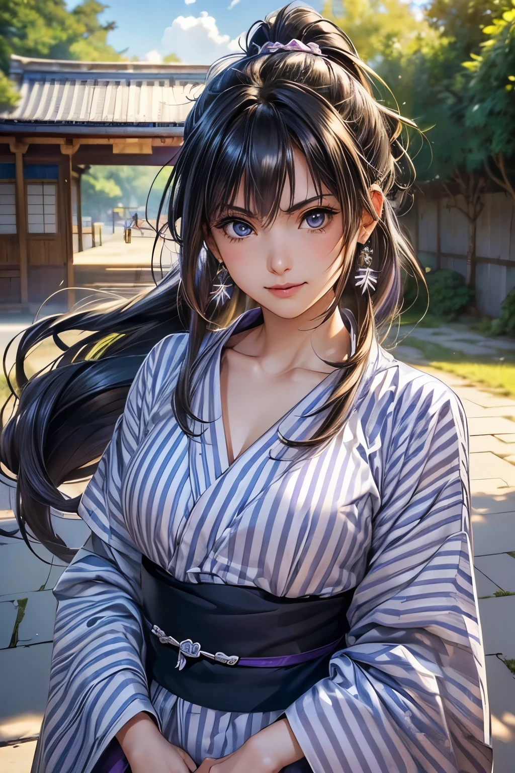 #Basics A girl is posing for a photo, animeのかわいい***, (((One Girl, Baby Face, ))), 
break 

#Clothing Accessories 
((Purple and white)yukata : Striped pattern + Blue Band + Long sleeve + Wide sleeves, ability), 
(big silver necklace, Silver earrings, Hair Clip), 
break 

#Features 
(Purple Hair:1.4, Chest-length sideburns:1.4 + Curly Hair:1.4, Big ponytail : Hair blowing in the wind + Very long hair + Curly Hairで横に広がるボリュームのある髪 + Hair curls outward), 
(Droopy eyes,blue eyes), (Small breasts), 
break 

#performance 
(smile), 
#background environment 
((noon, sunlight + shrine + Rural Scenery)), 
#composition 
(Engage your audience:1.4, Aggressive pose:1.4, Cowboy Shot:1.4), 
break 

#Body parts elements 
(Beautiful Hair,Shiny Hair), 
(double eyelid, Long eyelashes), 
(細かい目のperformance, Beautiful and delicate eyes, Sparkling eyes, Eye Reflexes), 
(Human Ear), 
(Beautiful Nose, Thin Nose), 
(Glossy Lips, Beautiful Lips, Thick lips), (Symmetrical facial features), 
(Detailed skin, Textured skin, Beautiful Skin), 
break 

#quality 
(((最高quality)), ((masterpiece)), ((Very detailed))), ((High resolution), (16K,1080P)), 
(Realistic), (Anatomically correct), 
((comics, anime)), (3DCG), CG illustration,nsfw:1.8
