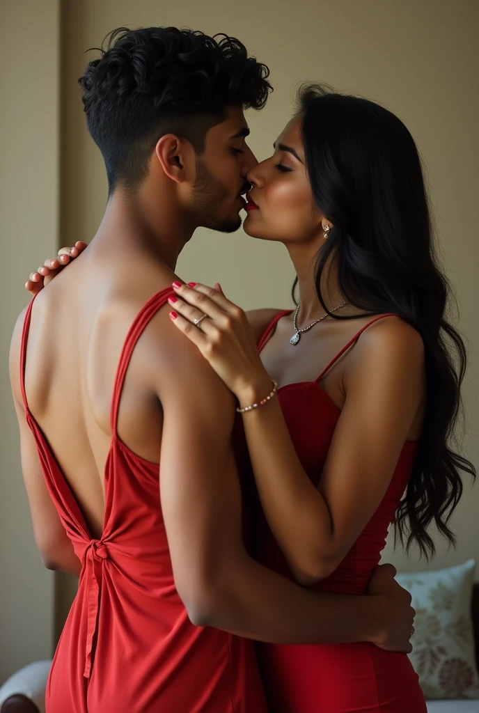 A women doing oral sex with a boy in red dress.