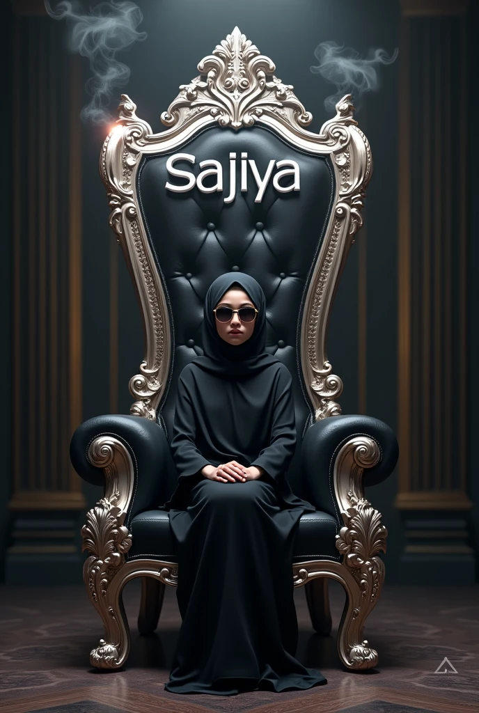 Create a 4D picture of a beautiful 18-year-old girl sitting in a white sofa set chair, wearing a black burqa, the back wall is decorated with flowers and leaves, and the capital's large font, "Sumayya", with green wings, looking like an angel.