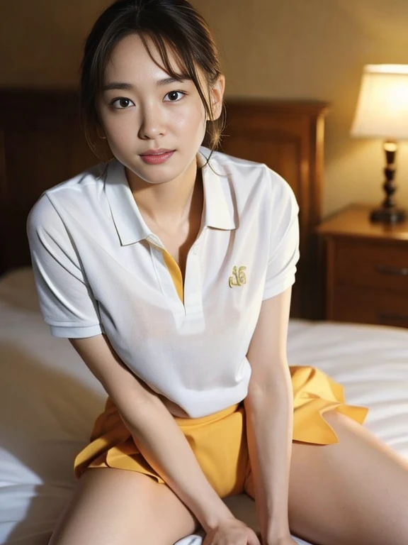 (Masterpiece, Best quality: 1.4), (Ultra realistic, Photo-realistic: 1.2), Full body, (kneeling: 1.3), Looking at viewer, Natural light, 18 years old actress, Japanese women, (arms behind back: 1.2), Neat and clean, ((White tennis uniform, White short-sleeve polo shirt with collar:1.2)), (unbutton:1.3), ((White tennis pleated skirt:1.2)), Wearing white sock, (ponytail: 1.2), Light brown hair color, (Beautiful Face), Oval face, clear, (Beautiful eyes, Kind eyes), (Clear skin), Small face, (Small mouth, Beautiful mouth), Natural makeup, Approachable, Luxury hotel Suite room, On bed, (nsfw:1.1), Seductive smile, Seductive pose, Beautiful thighs, Bedroom eyes,