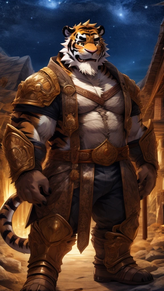 anime style, aid210, nj5furry, ((whole body)), ((armor)), standing, (crying), ((plump middle-aged tiger man)), BREAK ((brown eyes)), one eye closed, beautiful beard, beautiful ears, (male face:1.3), (big face:0.5), square jawline, (Male Eyes:1.2), (sharp eyes:0.8), (big eyes:0.5), male eyebrows, (innocent look:0.5), (beautiful black nails down to the last detail:1.2), BREAK (complete Anatomy), (detailed face:1.3), beautiful face, (detailed body), (beautiful hands:1.2), (detailed fingers:1.2), (detailed eyes:1.1), (beautiful Eyes:1.1), arm details, Leg Details, beautiful feet, BREAK Muscular anthlo, body hair, ((hairy skin)), fluffy, (detailed brown nipples:0.8), (blood vessel:-0.8), (glowing Skin:-0.7), (chest hair:0.5), (1 tail), (a beautiful and detailed small tail), BREAK starry sky, outdoor, ultra detailed, highest quality, ultra-high resolution, realistic, 16K, masterpiece, beautiful detailed, perfect solution, absurdists, (faint light),