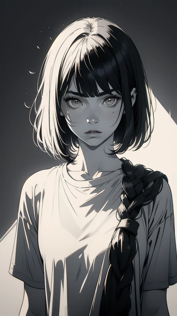 1 boyish woman wearing a white t-shirt, solo, sharp eyes, monochrome, greyscale, shoulder length black bangs hair, portrait, (blank normal white T-shirt), Thin eyebrows, closed mouth, looking at viewer, detailed lips, hatching \(texture\), without makeup, upper body, (best illustration), (best quality), (very detailed), (masterpiece), expressionless,